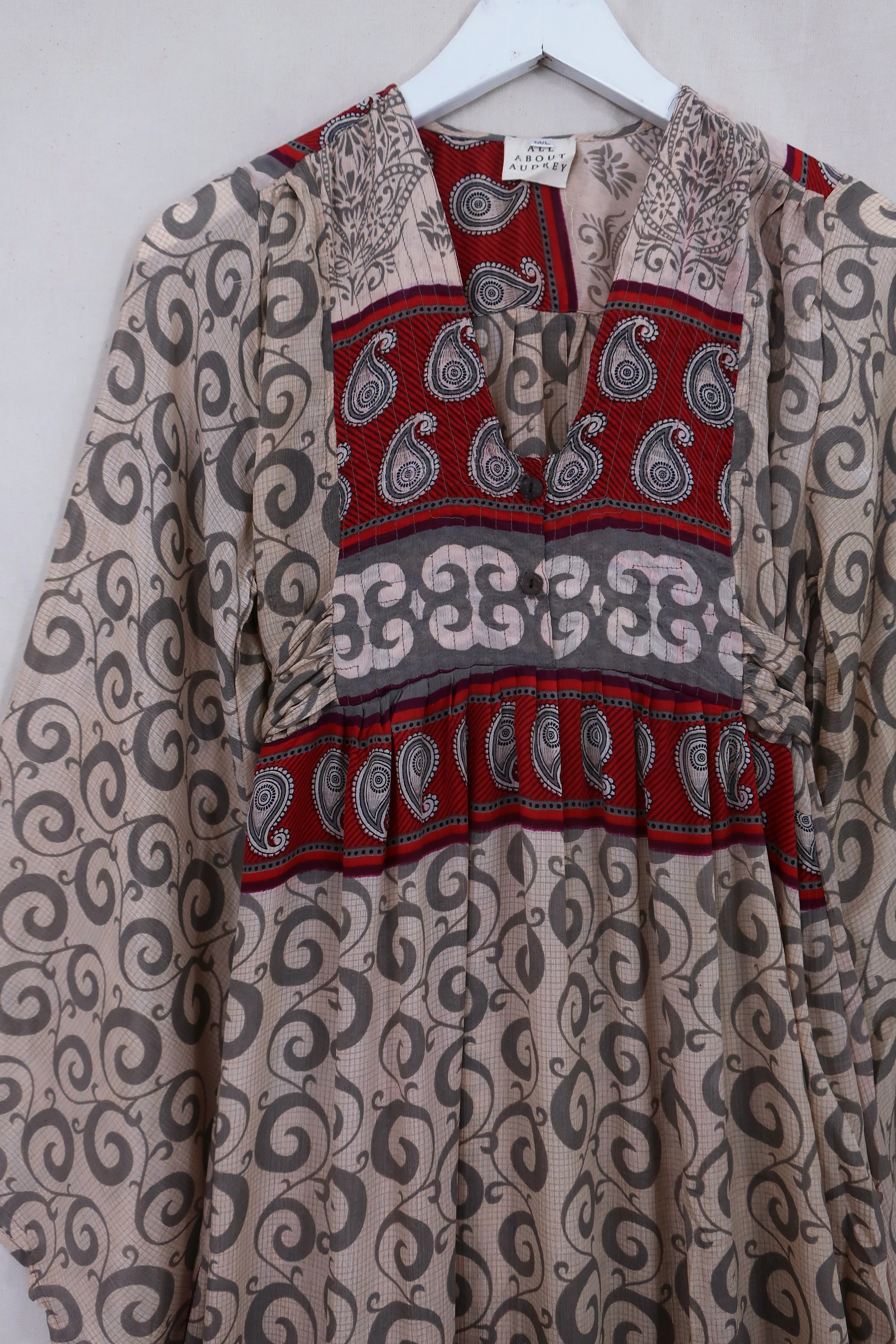 Lunar Maxi Dress - Vintage Sari - Cream & Crimson Paisley - Size XS - Image 2