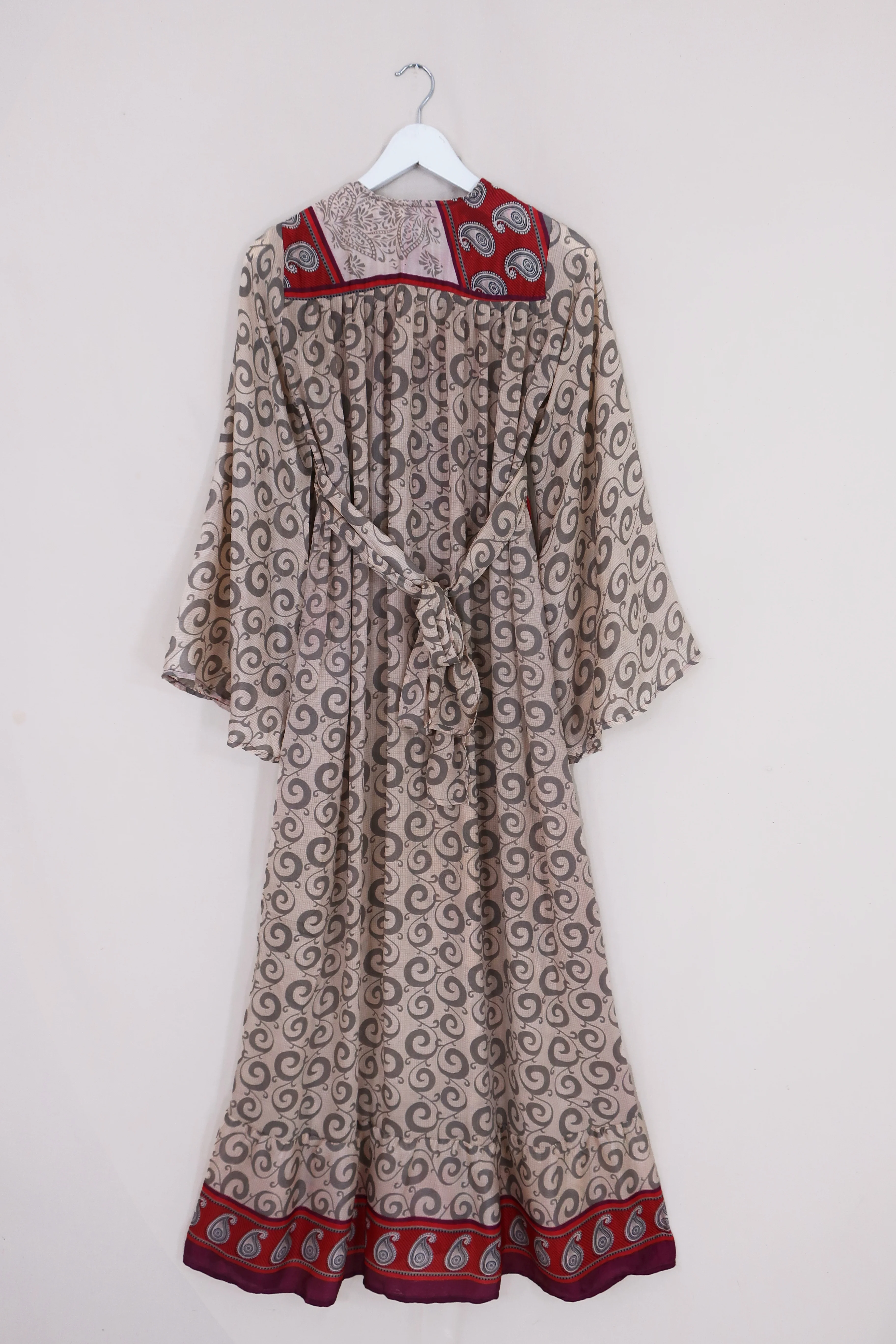 Lunar Maxi Dress - Vintage Sari - Cream & Crimson Paisley - Size XS - Image 3