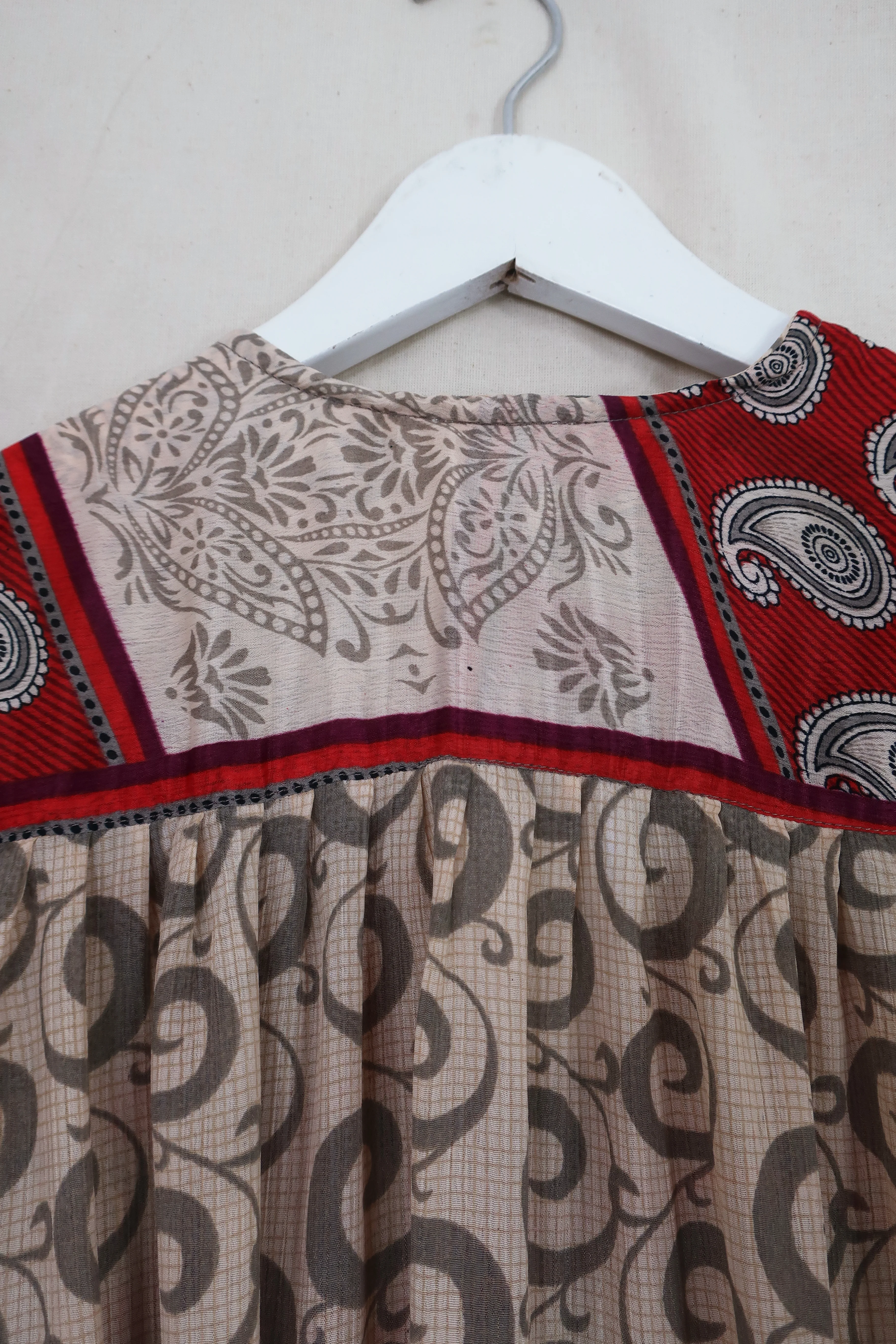 Lunar Maxi Dress - Vintage Sari - Cream & Crimson Paisley - Size XS - Image 4