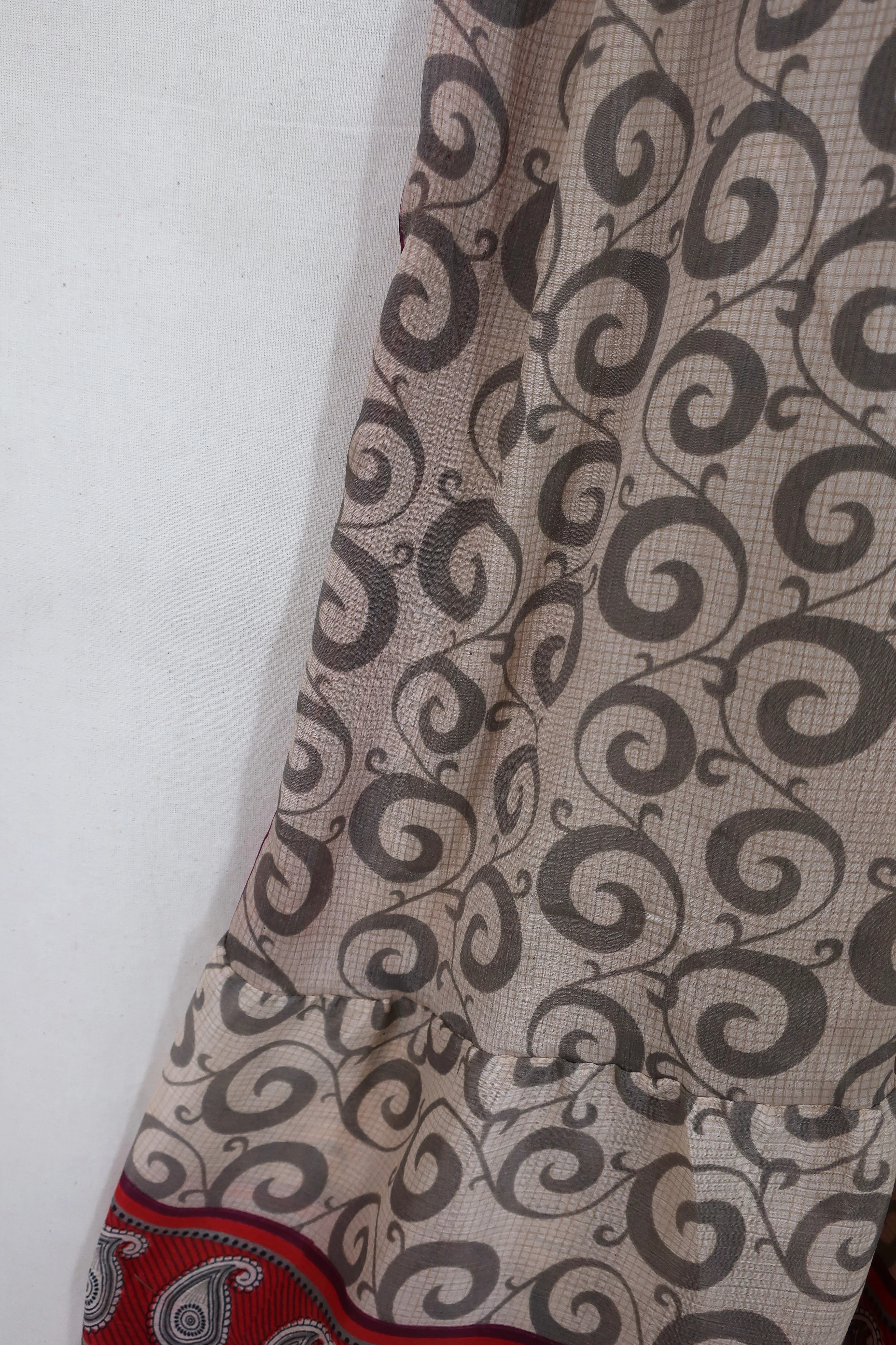 Lunar Maxi Dress - Vintage Sari - Cream & Crimson Paisley - Size XS - Image 5
