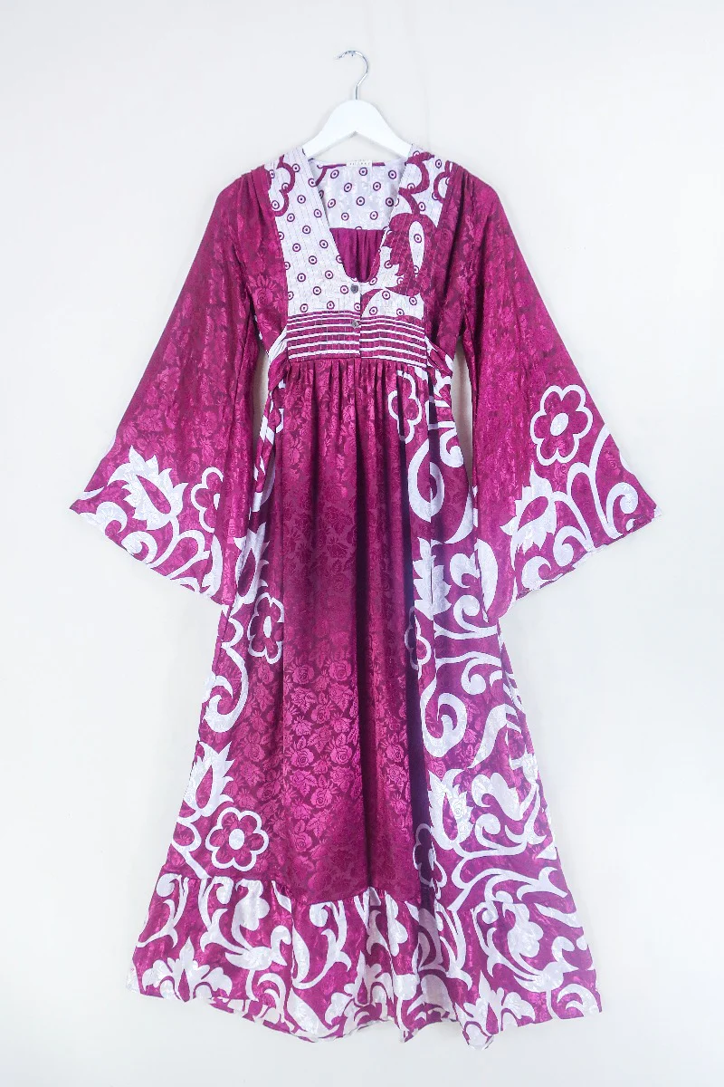 Lunar Maxi Dress - Vintage Sari - Wine and Ice Flora - Size S/M