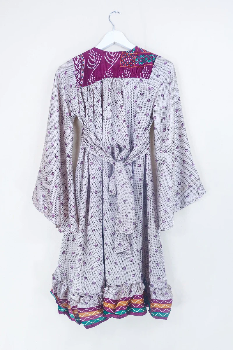 Lunar Mini Dress - Vintage Sari - Plum & Silver Mink Mandala - Size XXS Petite - Image 3