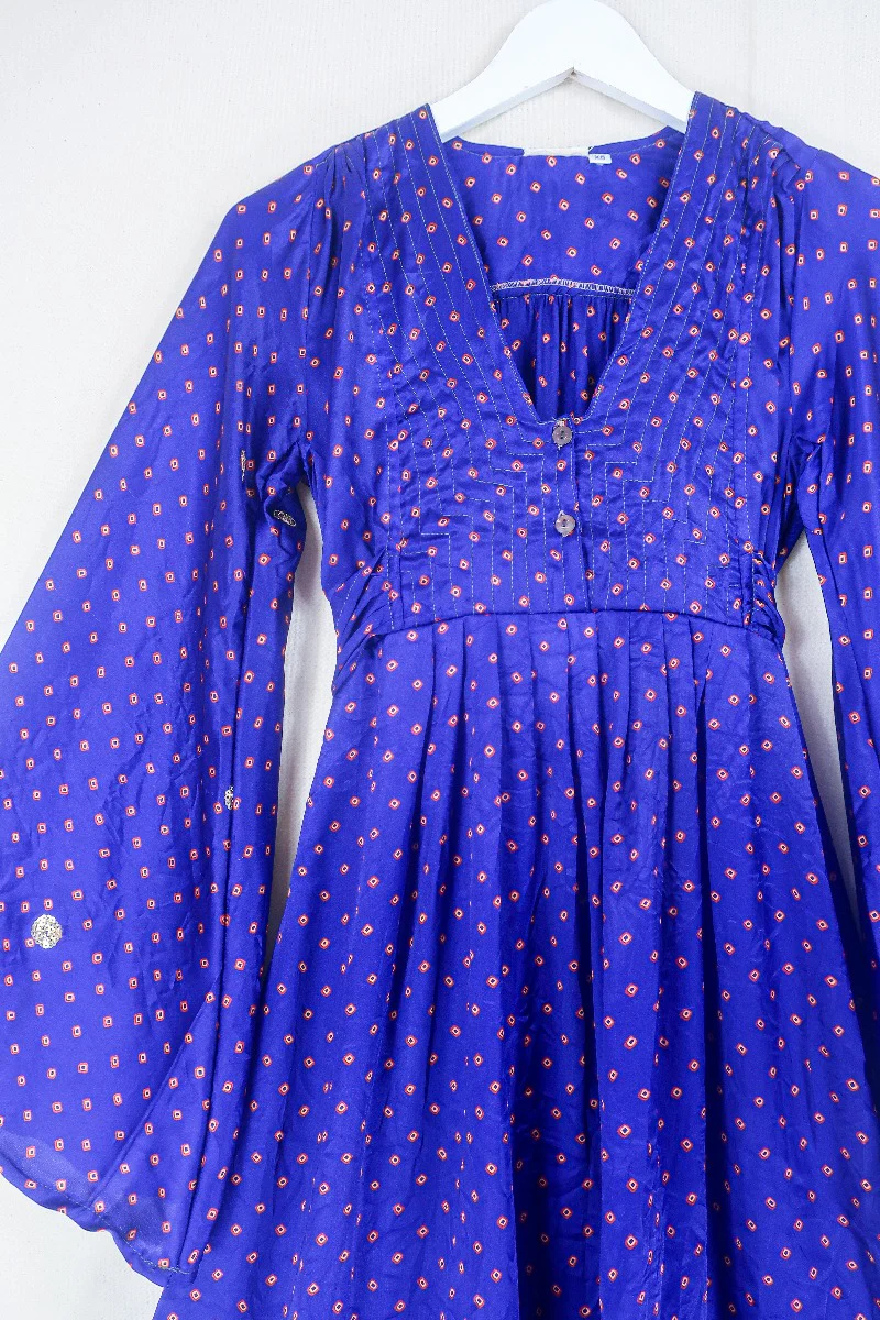 Lunar Mini Dress - Vintage Sari - French Violet and Golden Sequin - Size XXS Petite - Image 2