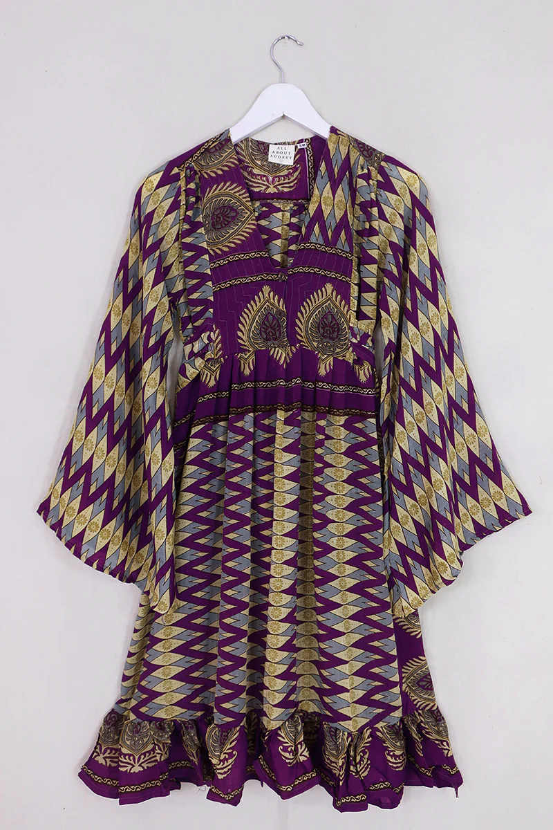 Lunar Mini Dress - Vintage Sari - Plum Purple Chevron - Size XS Petite