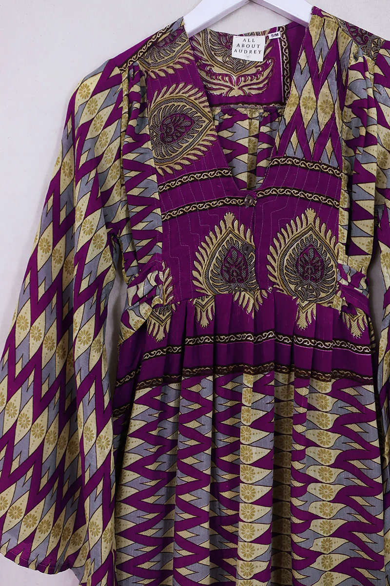 Lunar Mini Dress - Vintage Sari - Plum Purple Chevron - Size XS Petite - Image 2