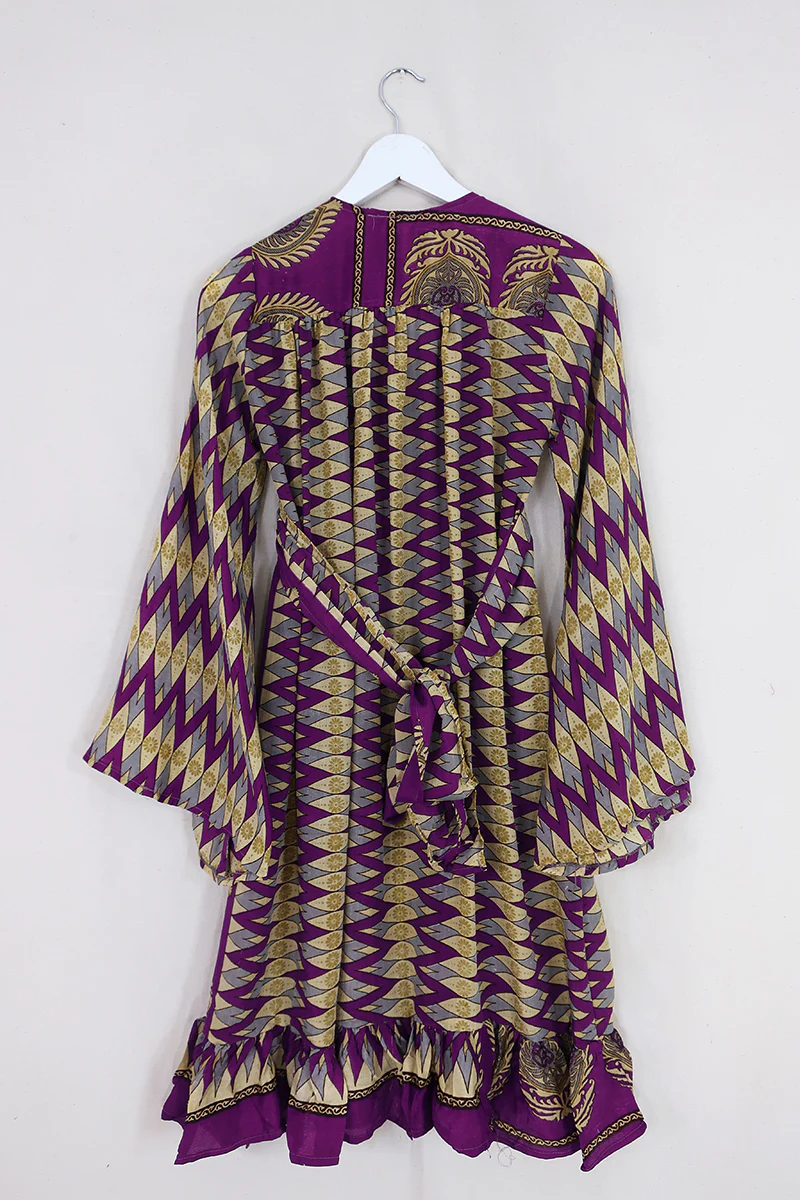 Lunar Mini Dress - Vintage Sari - Plum Purple Chevron - Size XS Petite - Image 3