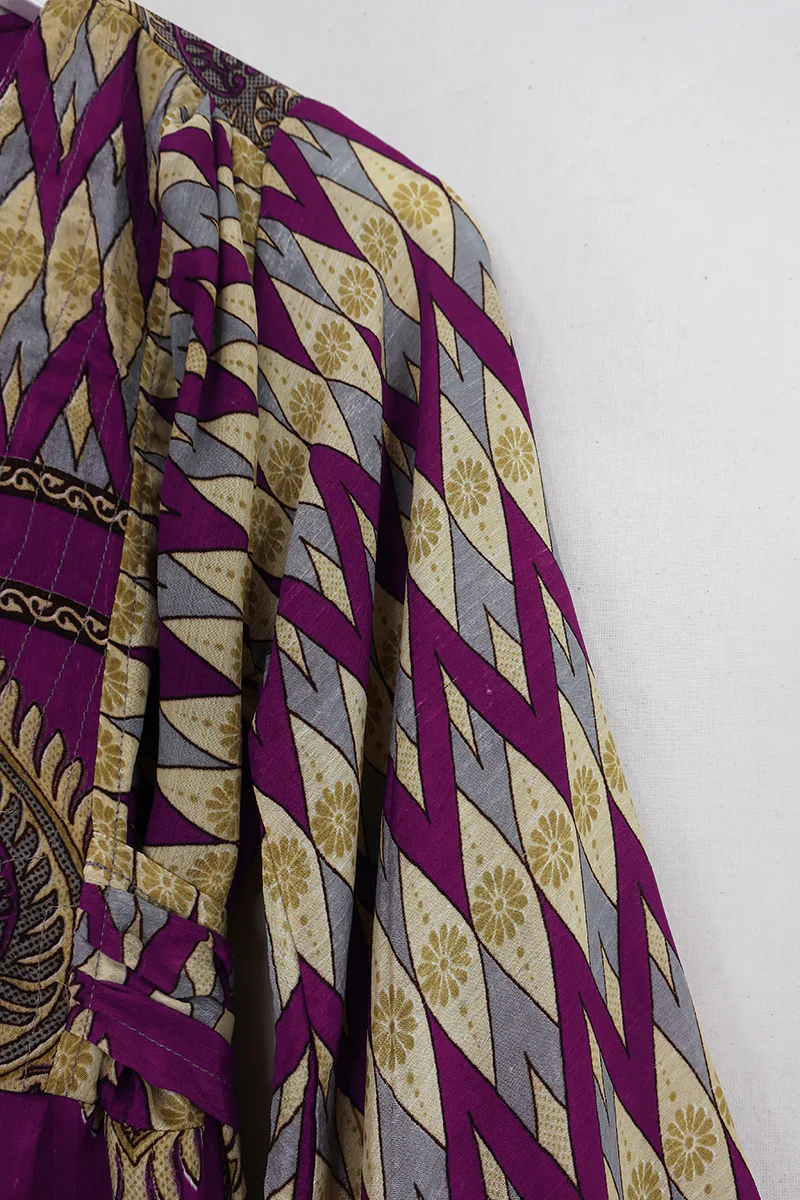 Lunar Mini Dress - Vintage Sari - Plum Purple Chevron - Size XS Petite - Image 4