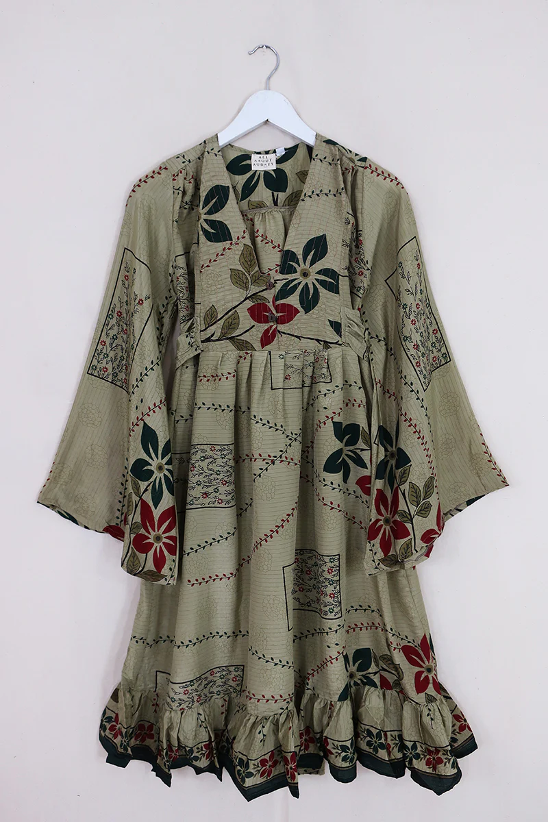 Lunar Mini Dress - Vintage Sari - Sage Wildflowers - Size XS Petite