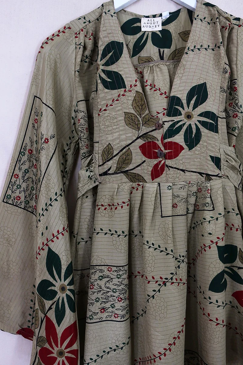 Lunar Mini Dress - Vintage Sari - Sage Wildflowers - Size XS Petite - Image 2