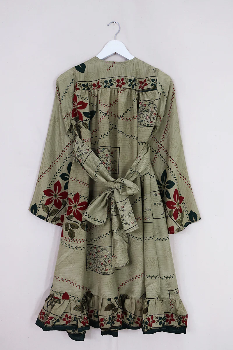 Lunar Mini Dress - Vintage Sari - Sage Wildflowers - Size XS Petite - Image 3