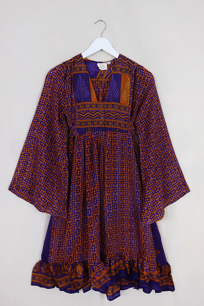 Lunar Mini Dress - Vintage Sari - Copper & Mulberry Mosaic - Size XXS Petite