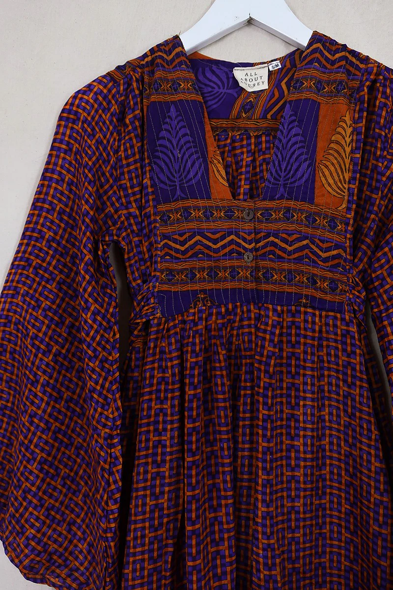 Lunar Mini Dress - Vintage Sari - Copper & Mulberry Mosaic - Size XXS Petite - Image 2