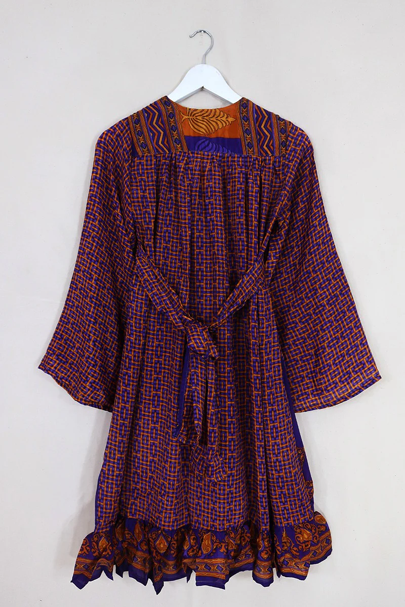 Lunar Mini Dress - Vintage Sari - Copper & Mulberry Mosaic - Size XXS Petite - Image 3