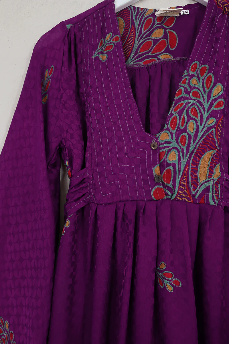 Lunar Mini Dress - Vintage Sari - Jewelled Purple - Size XS Petite - Image 2