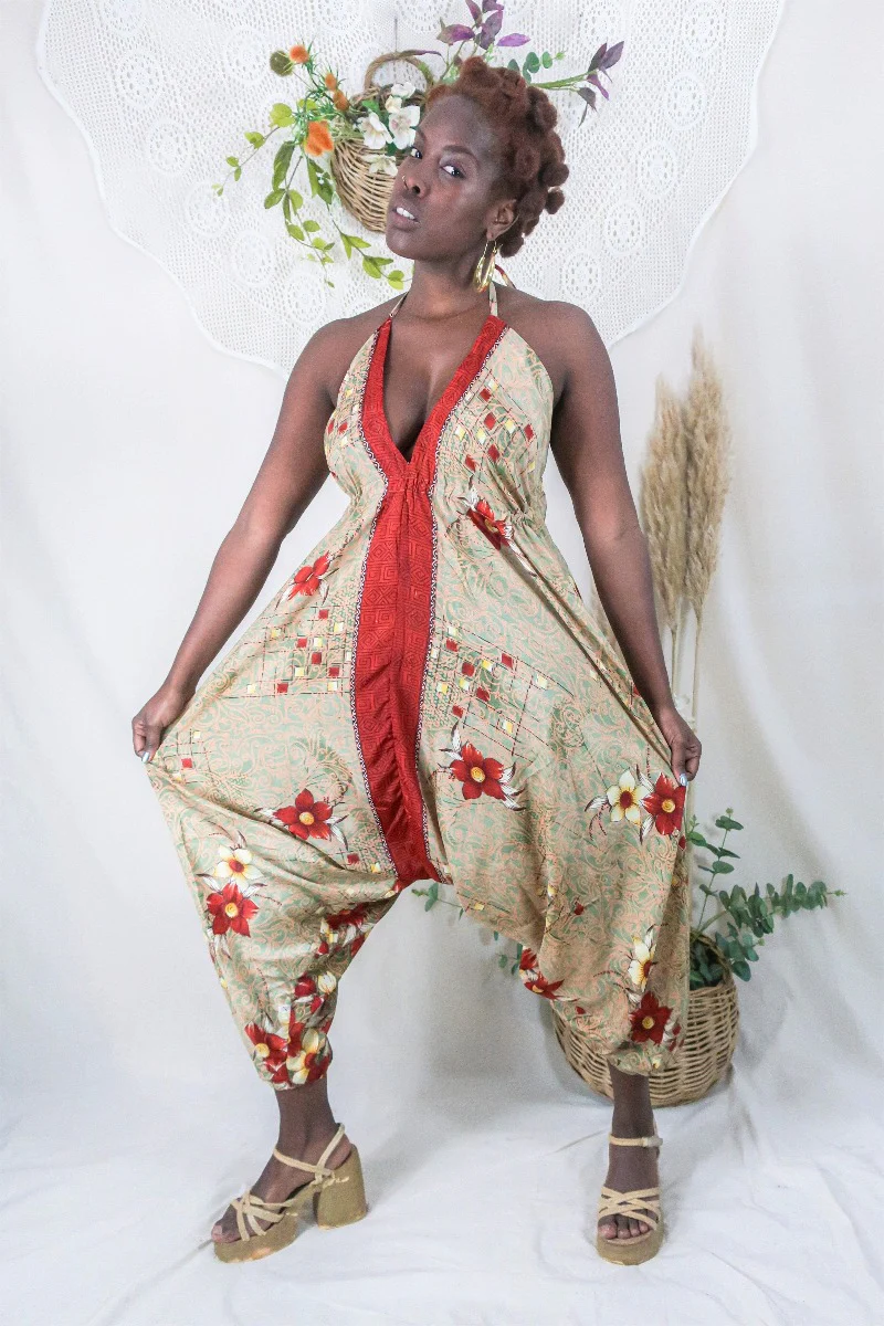 Medusa Harem Jumpsuit - Vintage Sari - Pistachio Green & Rust Red Flowers - L/XL - Image 3