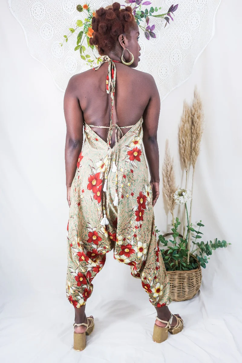Medusa Harem Jumpsuit - Vintage Sari - Pistachio Green & Rust Red Flowers - L/XL - Image 4