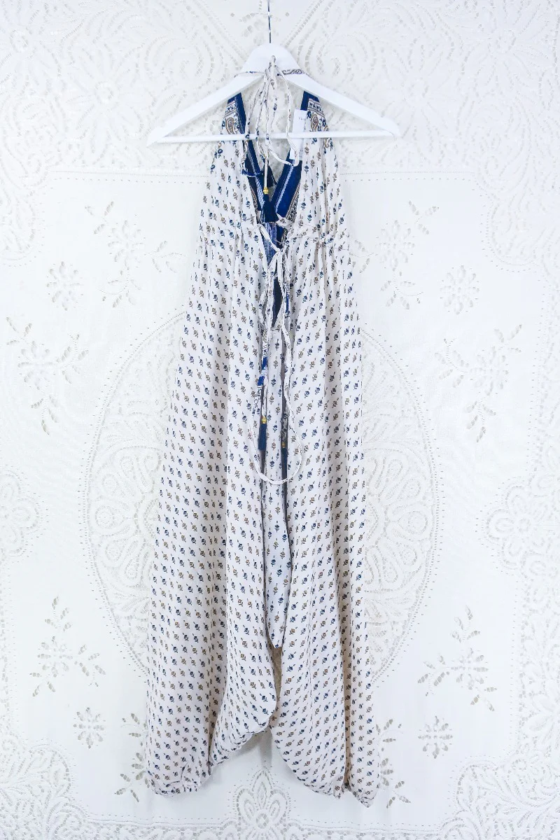 Medusa Harem Jumpsuit - Vintage Sari - Salt White & Indigo Paisley - M/L - Image 3