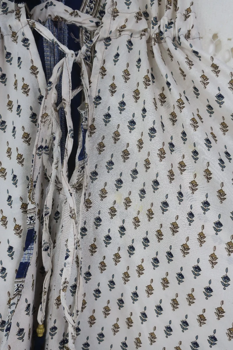 Medusa Harem Jumpsuit - Vintage Sari - Salt White & Indigo Paisley - M/L - Image 5