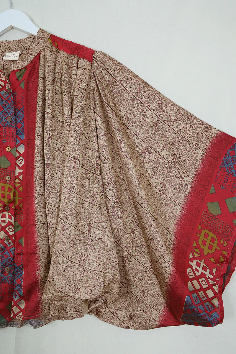 Ophelia Blouse - Ruby Red & Sandstone - Vintage Sari - Free Size - Image 3