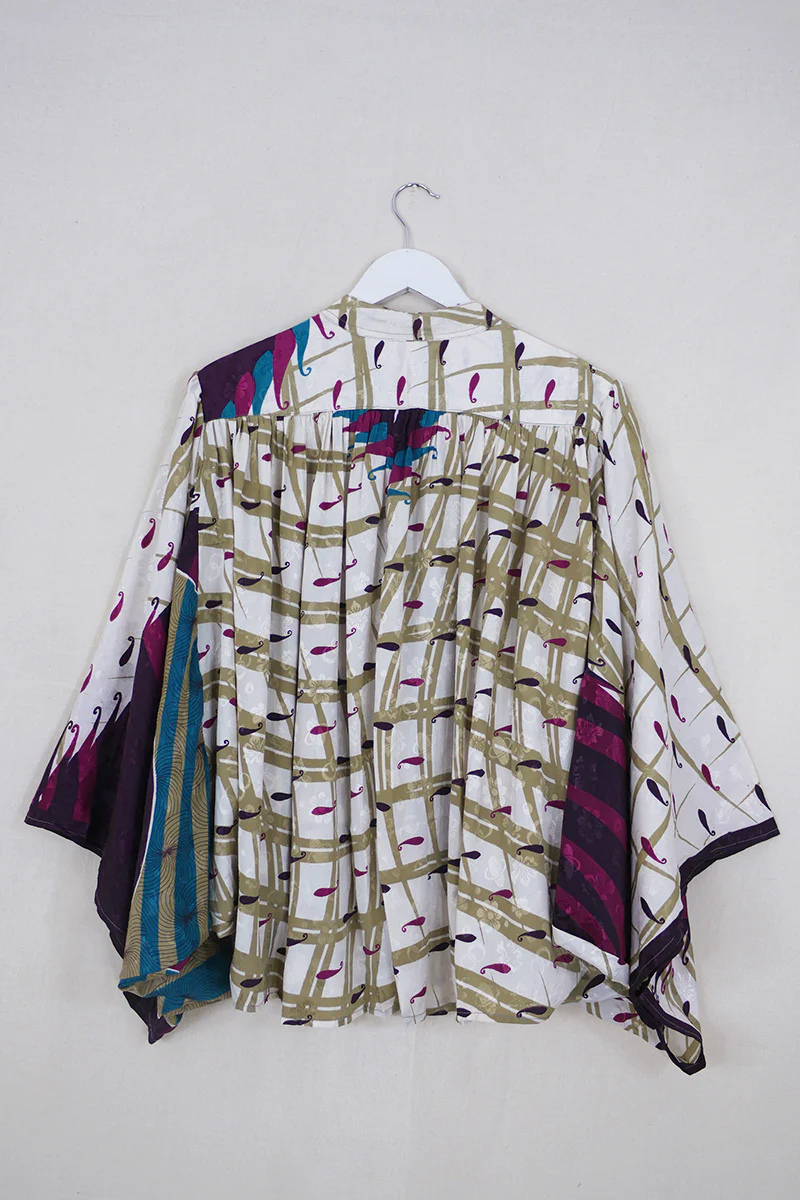 Ophelia Blouse - Vanilla & Blueberry Paisley - Vintage Sari - Free Size - Image 3