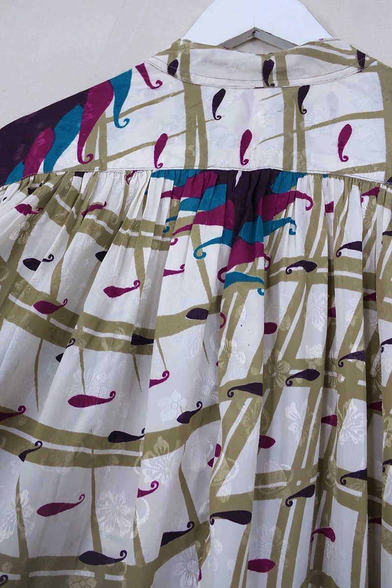 Ophelia Blouse - Vanilla & Blueberry Paisley - Vintage Sari - Free Size - Image 4
