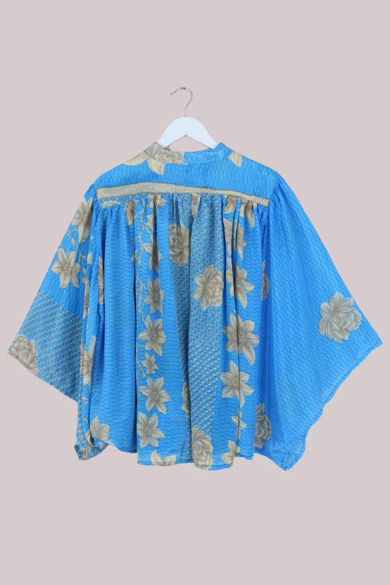 Ophelia Recycled Sari Blouse in Sky Blue Antique Florals - Free Size - Image 3