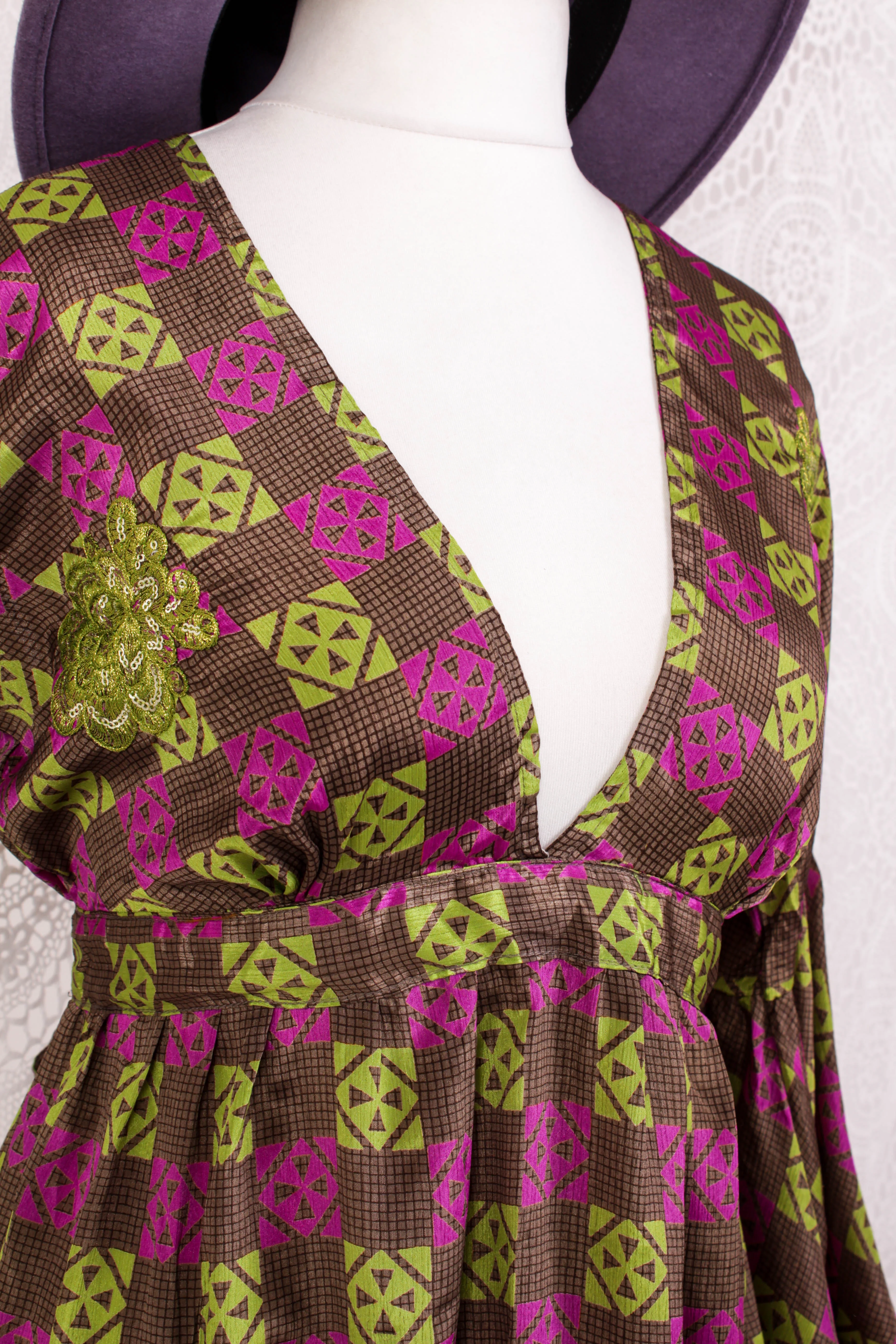 Pansy Mini Dress - Indian Sari - Circular Flounce Sleeve - Chequered Embellished Deep Magenta & Lime - Free Size S/M - Image 2