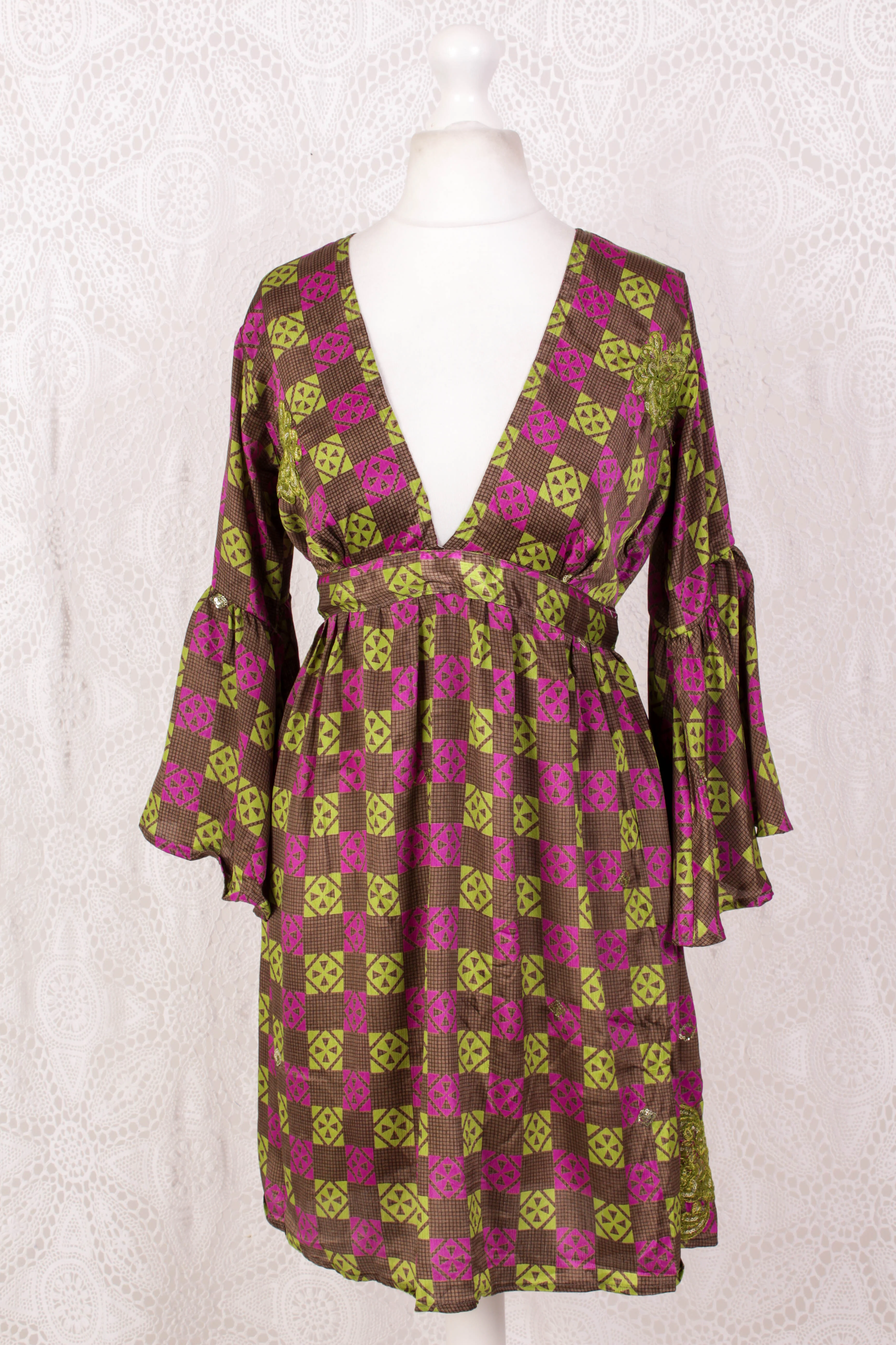 Pansy Mini Dress - Indian Sari - Circular Flounce Sleeve - Chequered Embellished Deep Magenta & Lime - Free Size S/M - Image 3