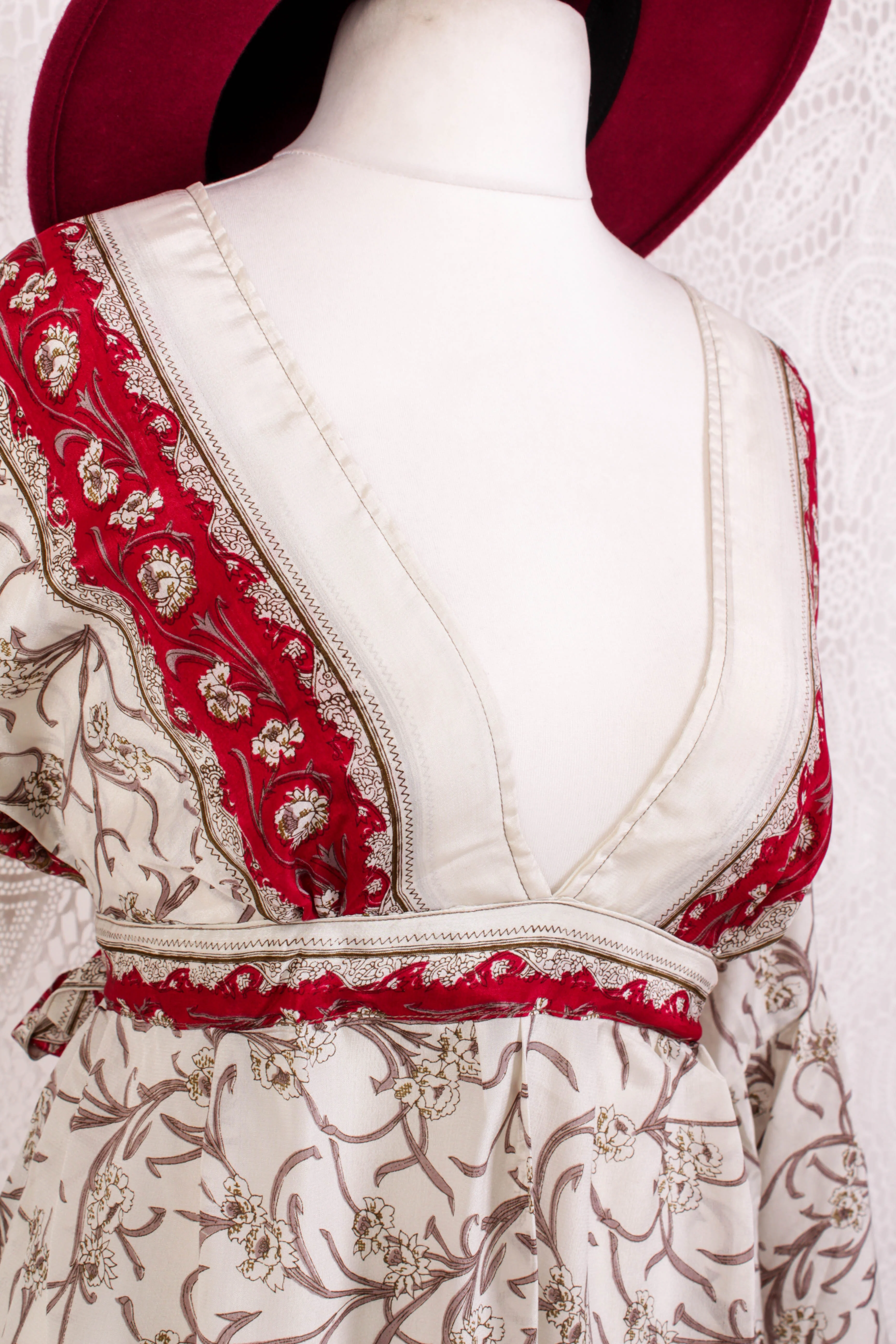 Pansy Mini Dress - Indian Sari - Circular Flounce Sleeve - Jasmine & Crimson Floral - Free Size M/L - Image 2