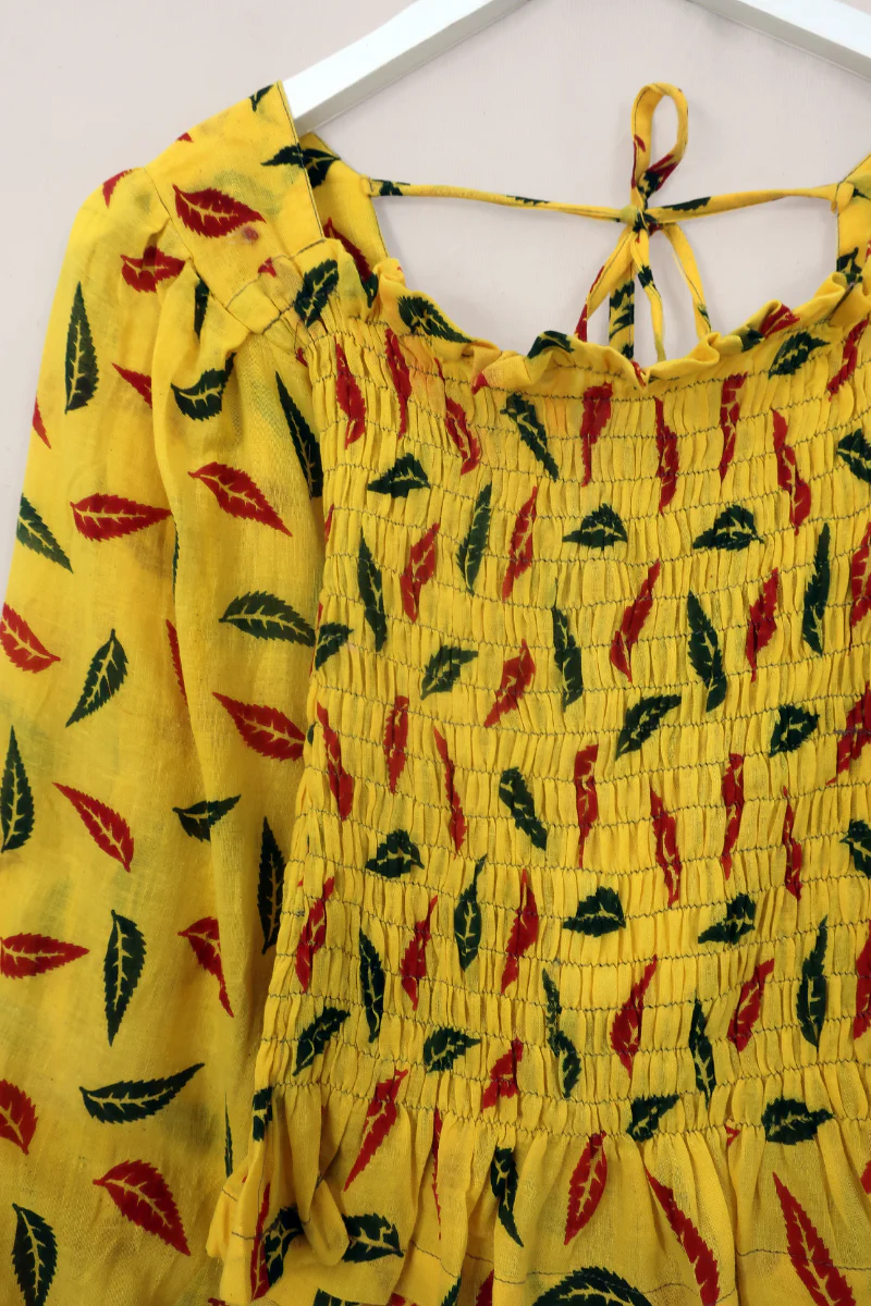 Pearl Top - Vintage Indian Cotton - Sunshine Yellow Feathers - Size XS - Image 2