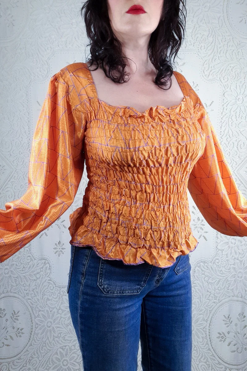 Pearl Top - Papaya Orange & Violet Tile Print - Vintage Indian Sari - S/M - Image 3