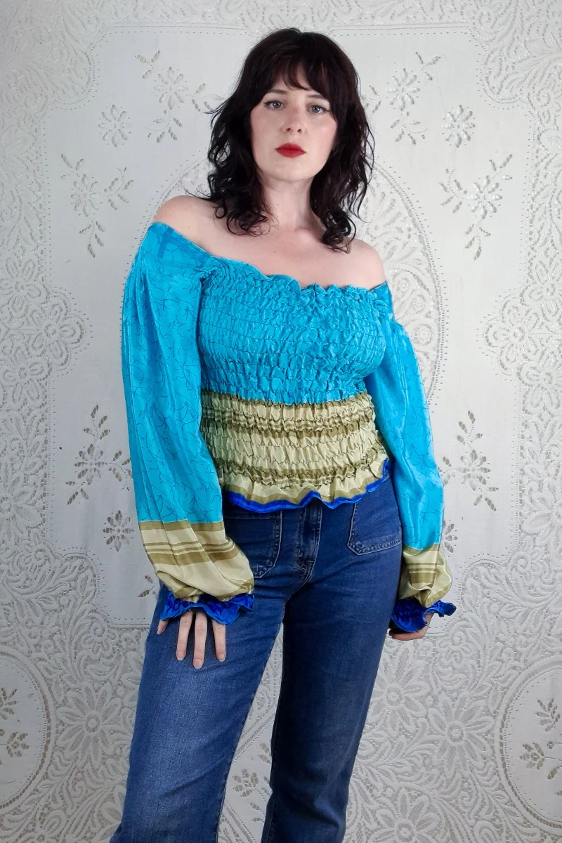 Pearl Top - Turquoise & Sandstone Stripe - Vintage Indian Sari - M/L