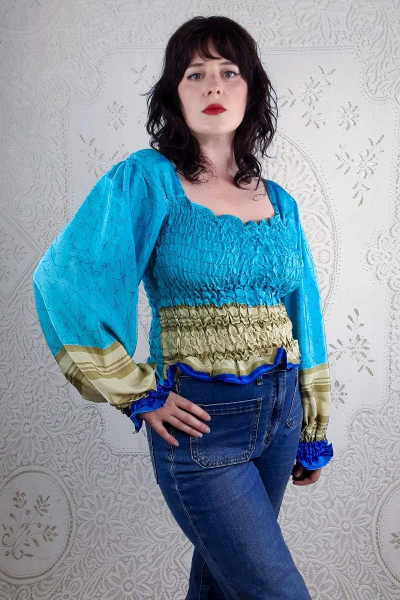 Pearl Top - Turquoise & Sandstone Stripe - Vintage Indian Sari - M/L - Image 2