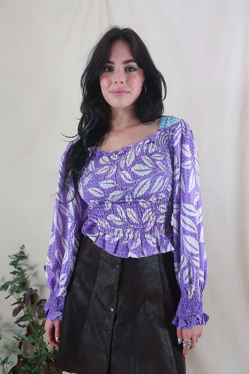 Pearl Top - Vintage Sari - Soft Lilac Leaves - XS - S