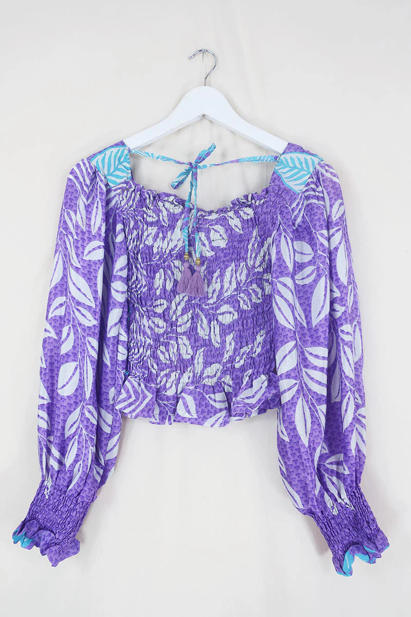 Pearl Top - Vintage Sari - Soft Lilac Leaves - XS - S - Image 2