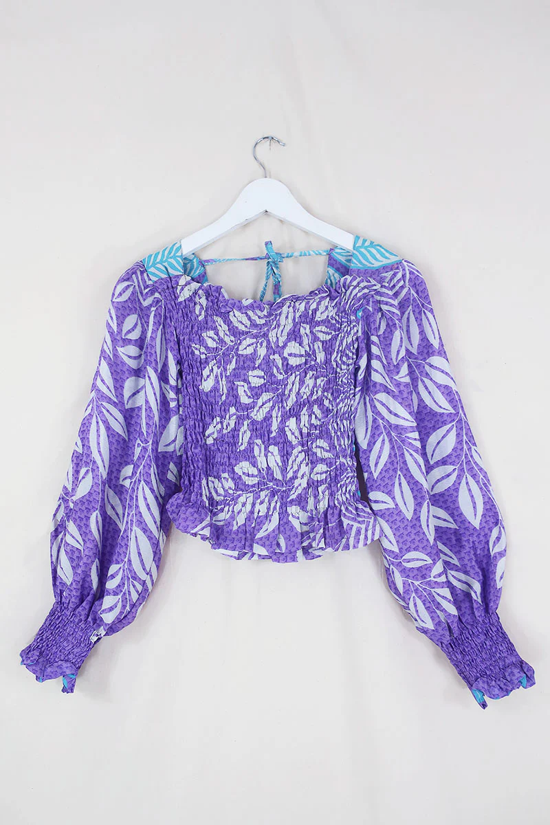 Pearl Top - Vintage Sari - Soft Lilac Leaves - XS - S - Image 3
