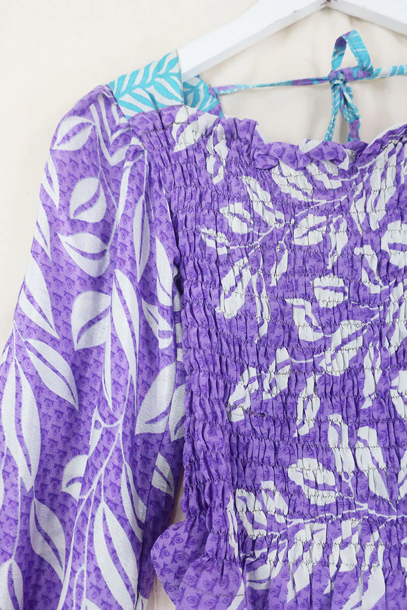 Pearl Top - Vintage Sari - Soft Lilac Leaves - XS - S - Image 4