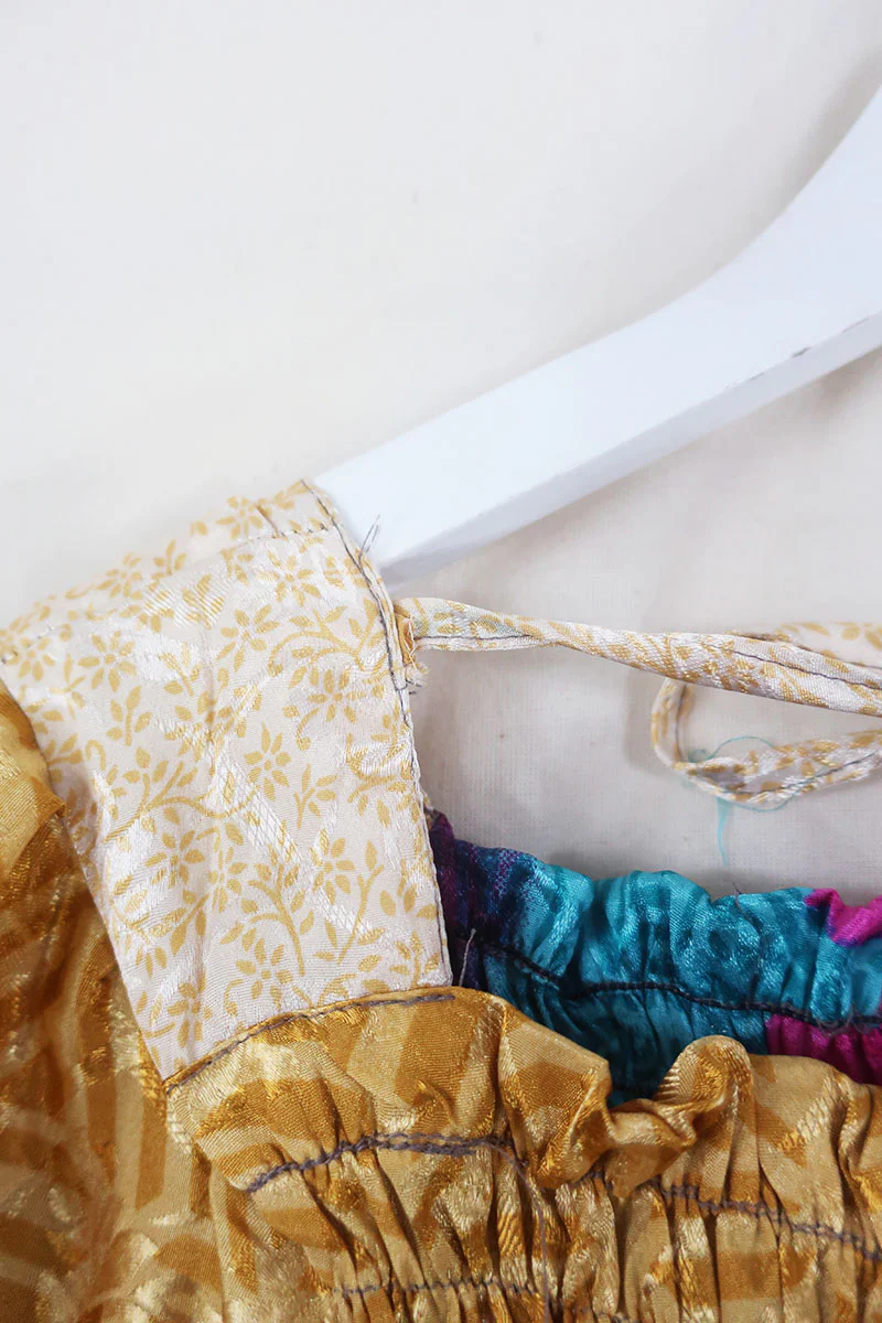 Pearl Top - Vintage Sari - Sunset Patchwork Floral - XS - S - Image 5