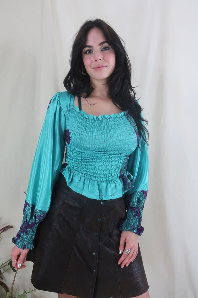 Pearl Top - Vintage Sari - Soft Turquoise & Violet Floral - XS - S