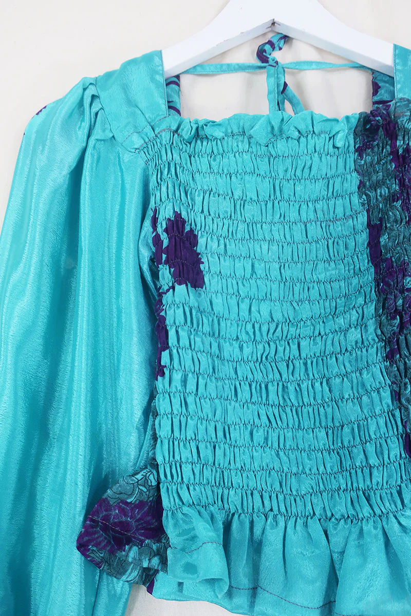 Pearl Top - Vintage Sari - Soft Turquoise & Violet Floral - XS - S - Image 3