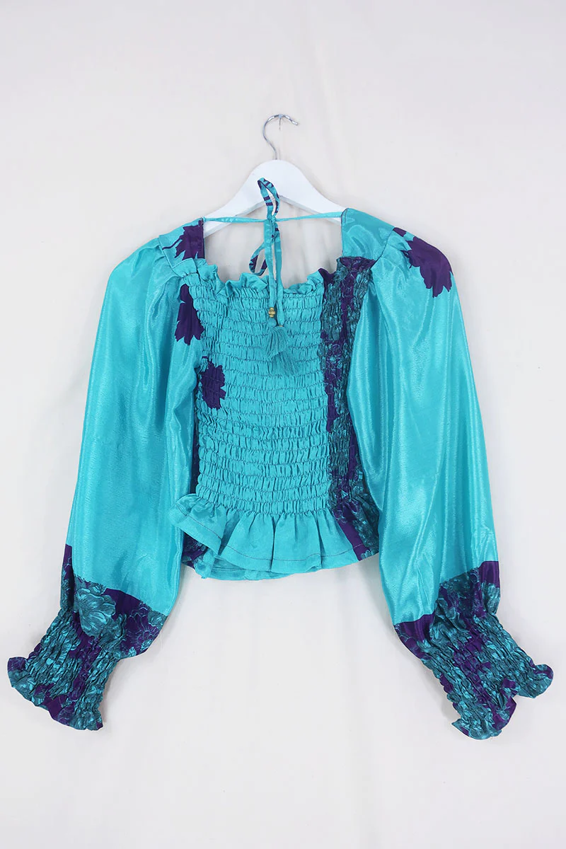 Pearl Top - Vintage Sari - Soft Turquoise & Violet Floral - XS - S - Image 4