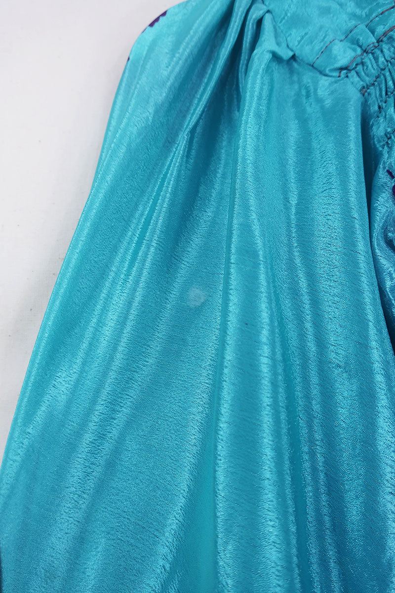 Pearl Top - Vintage Sari - Soft Turquoise & Violet Floral - XS - S - Image 5