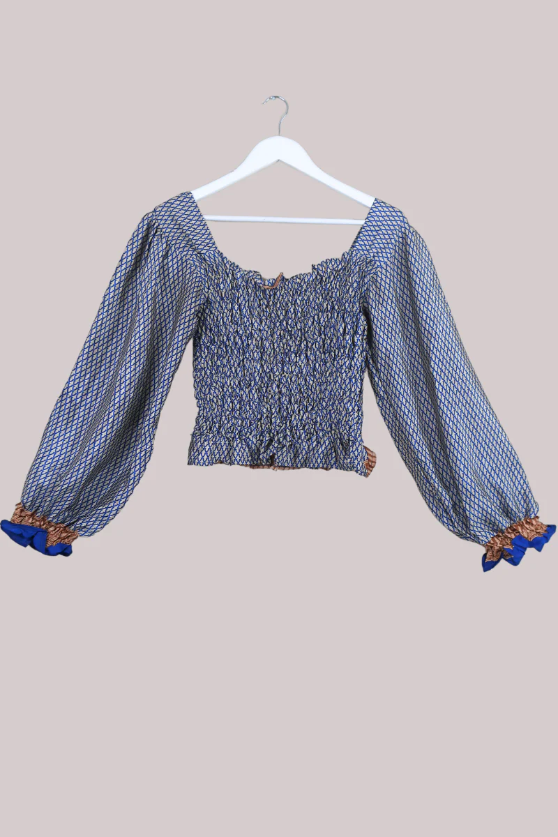 Pearl Vintage Sari Top - Navy & White Gold Tile Motif - Free Size