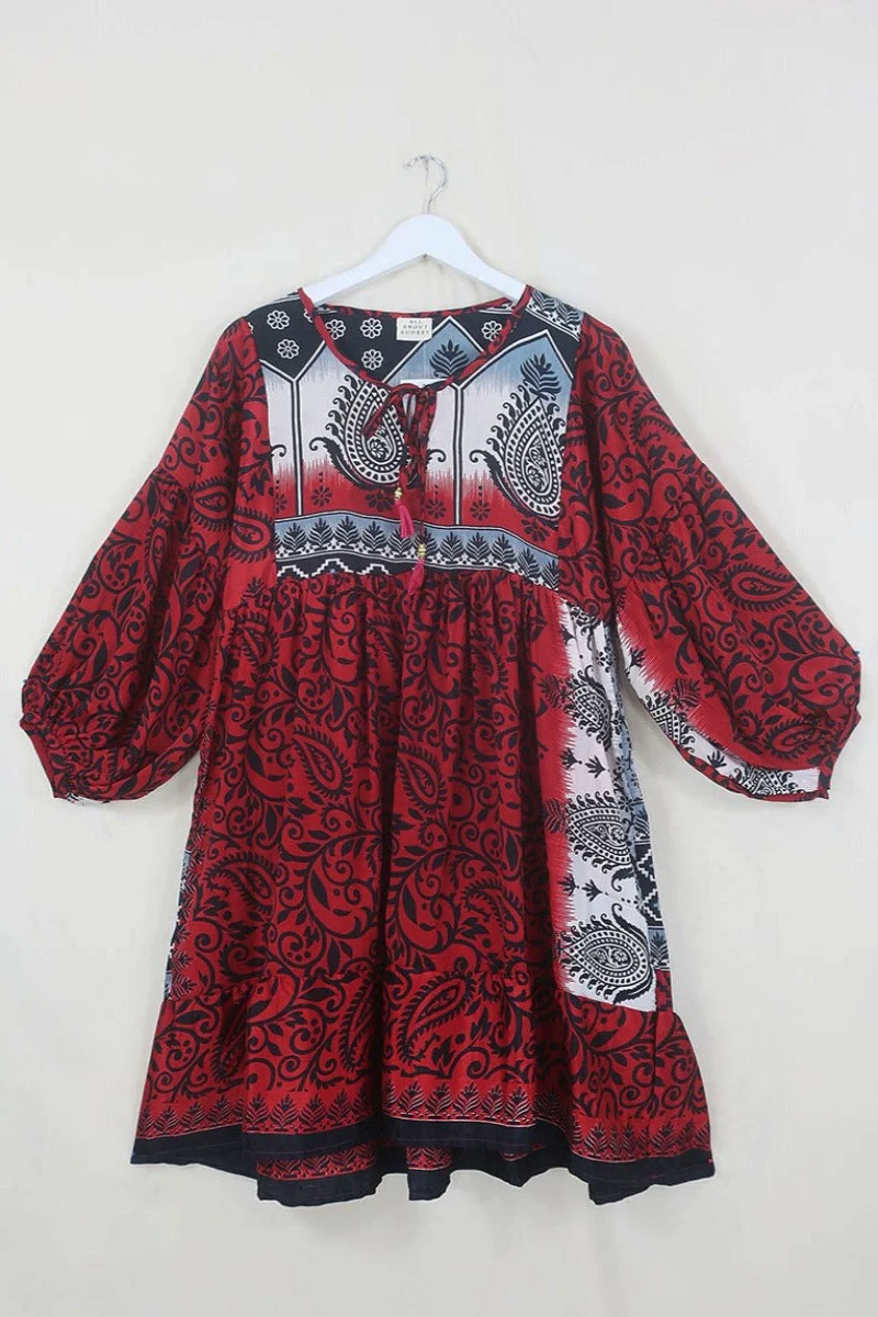 SALE Poppy Mini Smock Dress - Vintage Sari - Harlequin Red & Black Paisley Print - S - Image 2