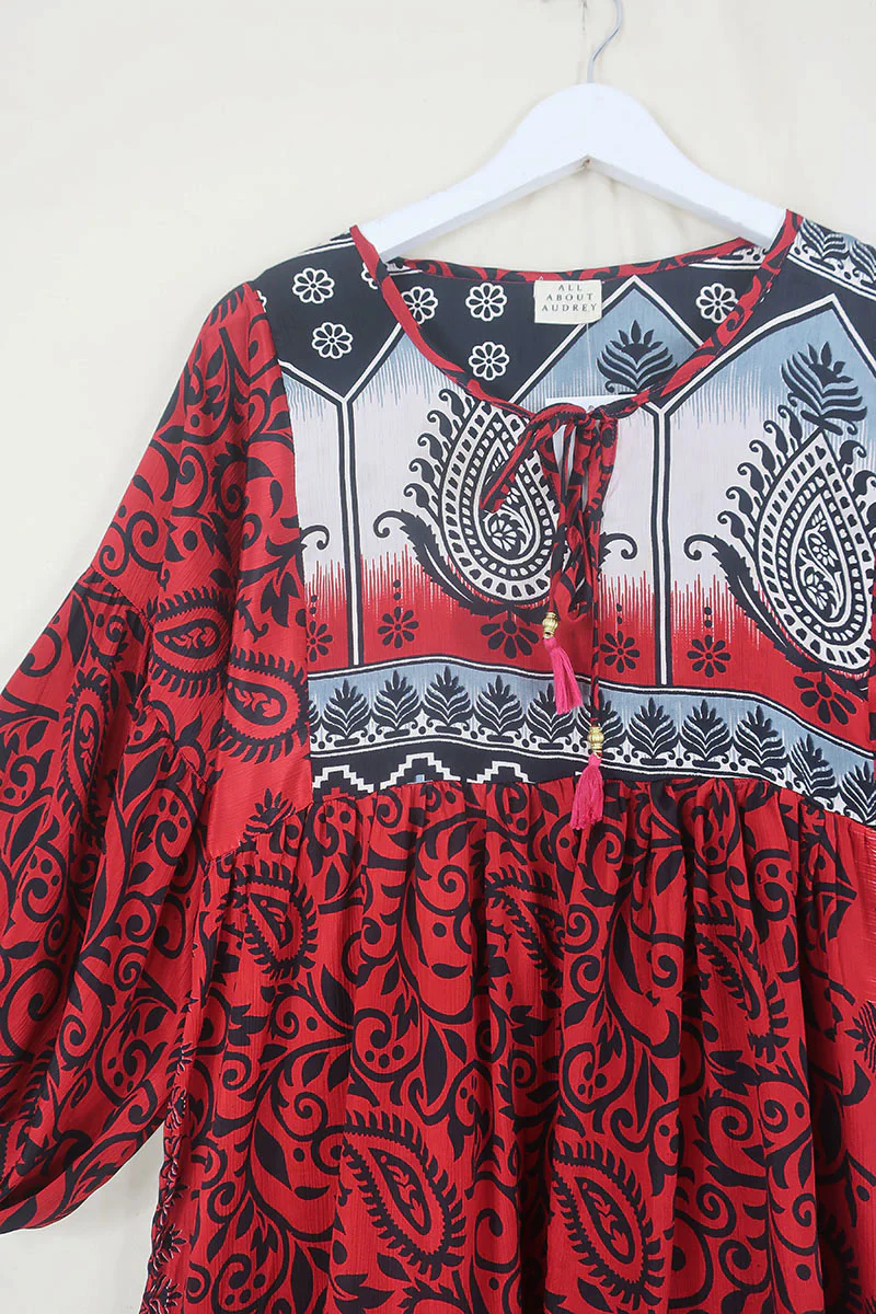 SALE Poppy Mini Smock Dress - Vintage Sari - Harlequin Red & Black Paisley Print - S - Image 3