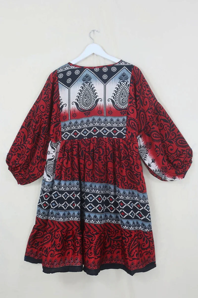 SALE Poppy Mini Smock Dress - Vintage Sari - Harlequin Red & Black Paisley Print - S - Image 4