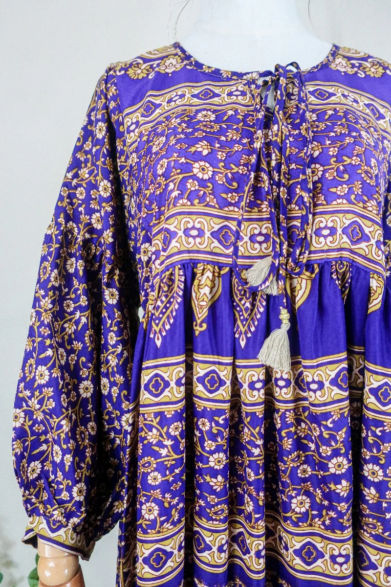 Poppy Smock Dress - Vintage Sari - Plum Purple & Golden Cream Floral - XS - Image 2