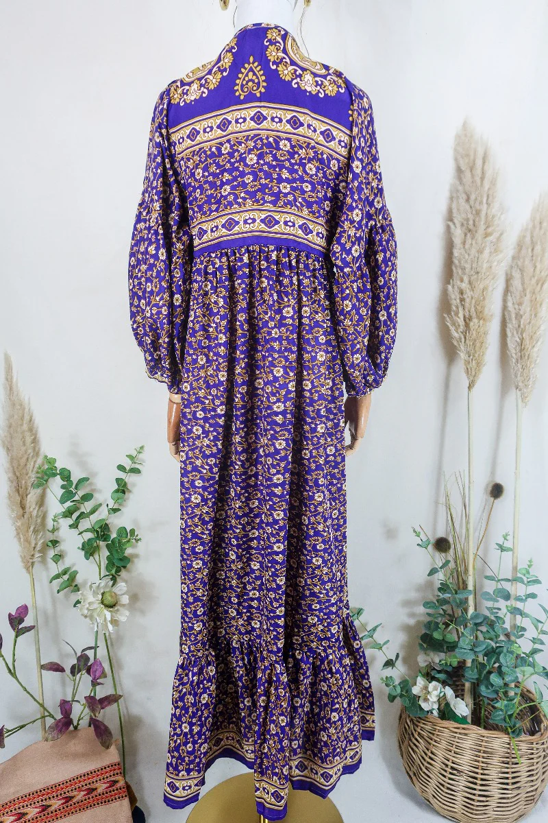 Poppy Smock Dress - Vintage Sari - Plum Purple & Golden Cream Floral - XS - Image 3
