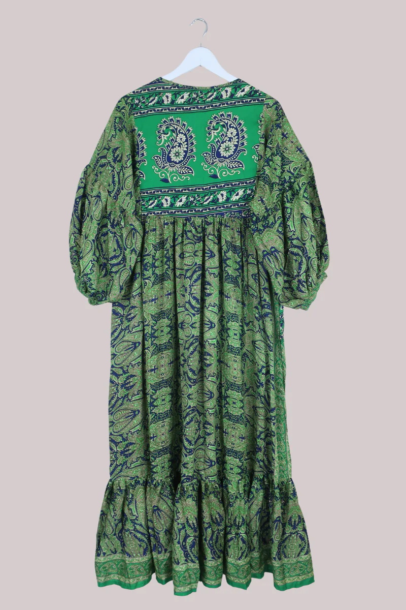 Poppy Smock Dress - Vintage Sari - Electric Green & Indigo Blue Paisley - S/M - Image 3
