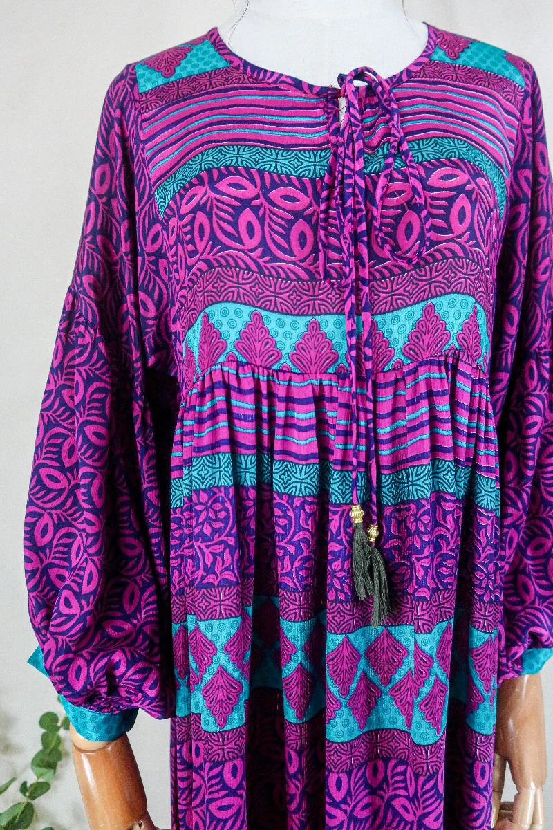 Poppy Smock Dress - Vintage Sari - Magenta & Aubergine Purple Botanical - XS - Image 2